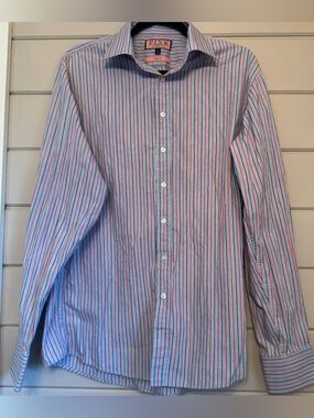 PINK Thomas Pink Light Blue Slim Fit Button Up Dress Top Red/Blue Stripes
